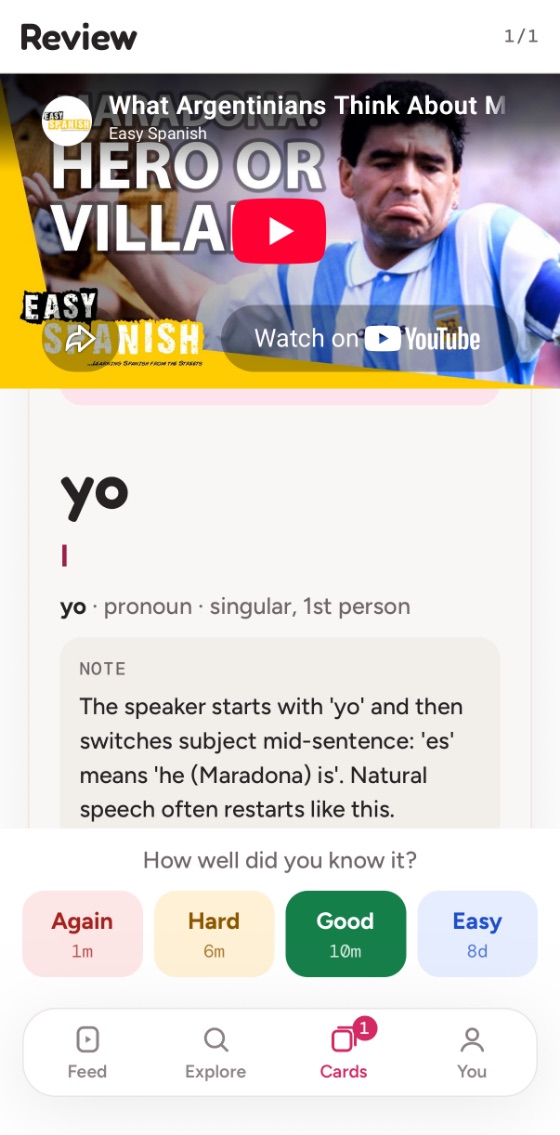 An Oye flashcard review screen with the buttons Again, Hard, Good and Easy