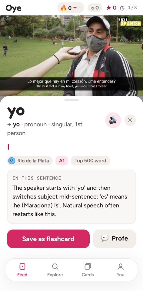 The Oye word sheet for the word yo, showing its meaning, the verb form and an explanation of what it means in this sentence